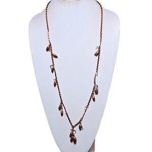 J Crew Tassel Leaf Necklace Gold Tone Vintage Brass Beaded Fringe Long Boho‎